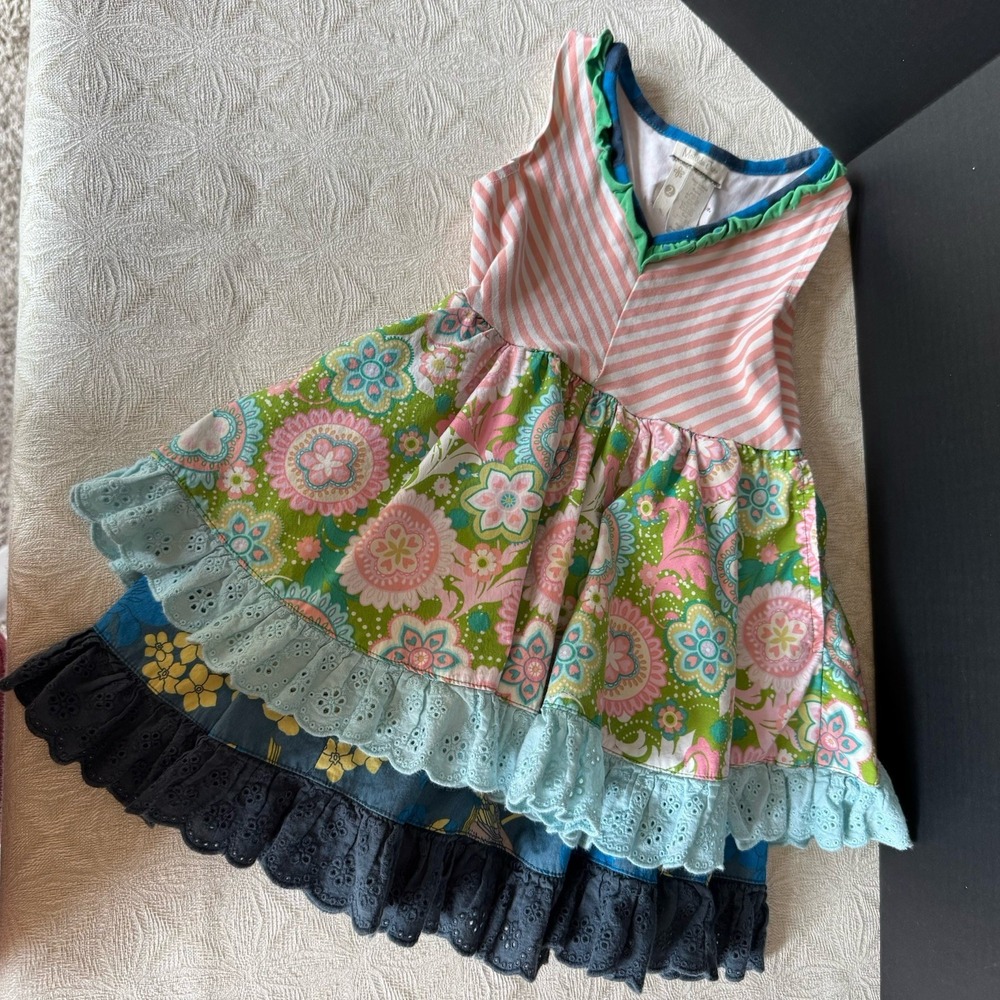 Matilda Jane Girls Size 2 Mixed Media Floral Stripe Bird Twirl Dress Multicolor